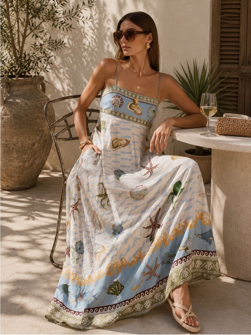 Caroline Constas Ocean Coastal Seashell Linen Maxi Dress Blue Cream NWT